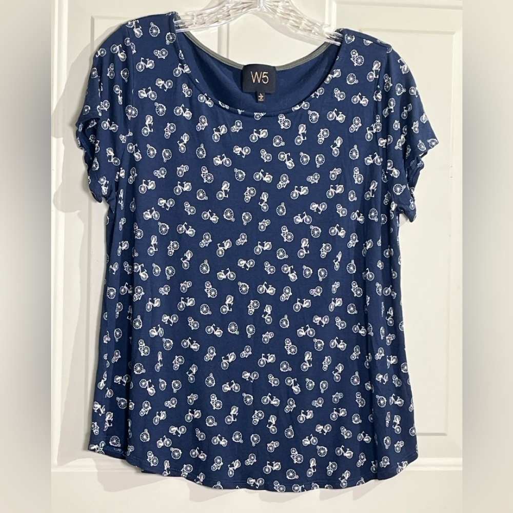 W5 Navy Bicycle Print Short Sleeve Top